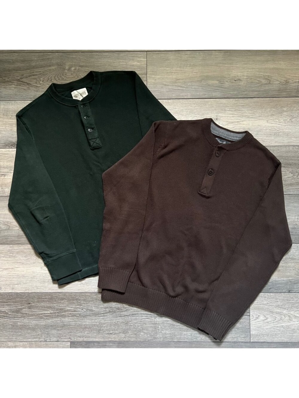 Lot of 2 Eddie Bauer Men's L Henley Sweaters Waffle Thermal Knit Green Brown
